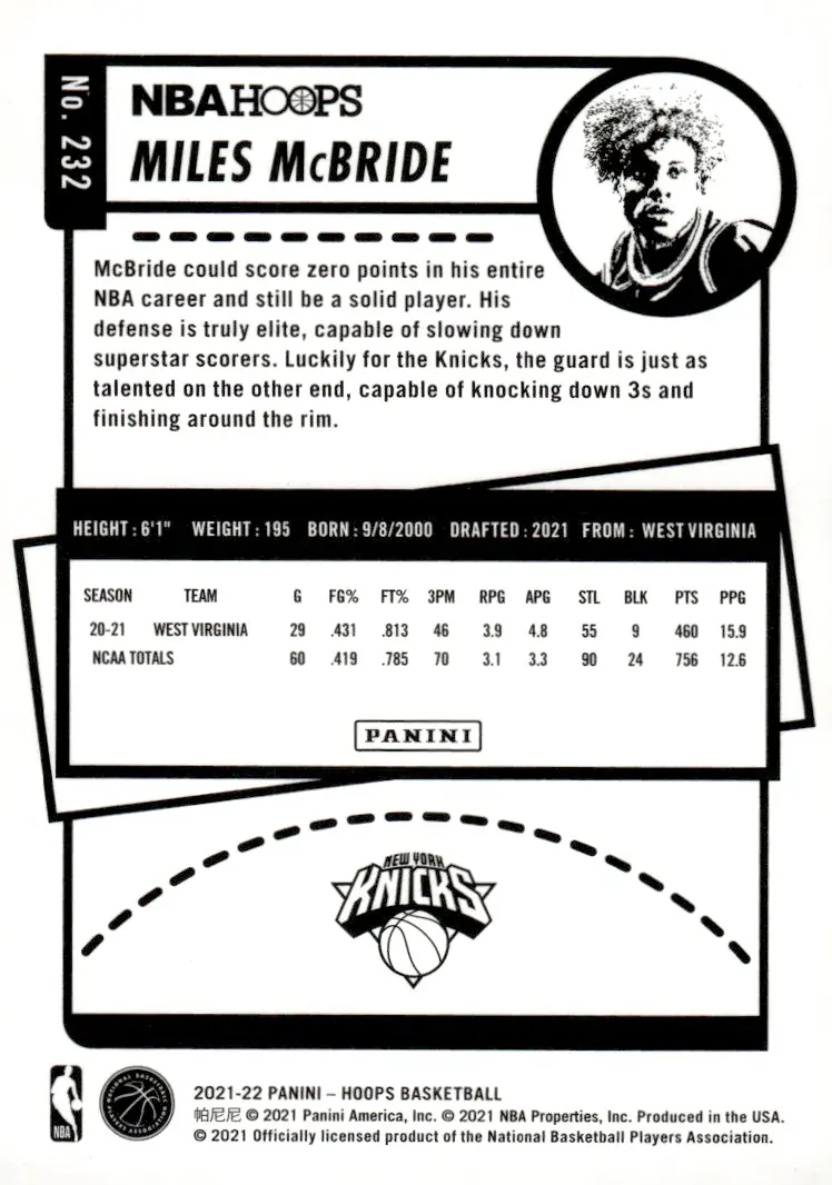 2021-22 NBA Hoops #232 Miles McBride (back)