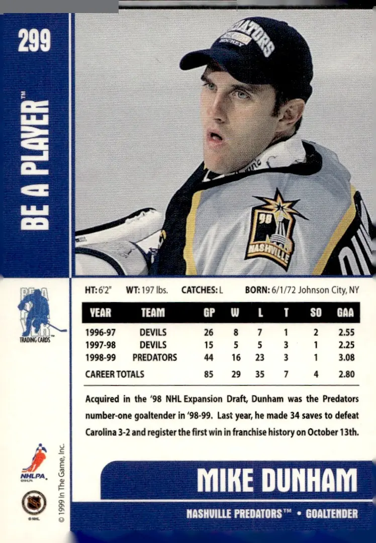 1999-00 Be A Player Memorabilia #299 Mike Dunham (back)