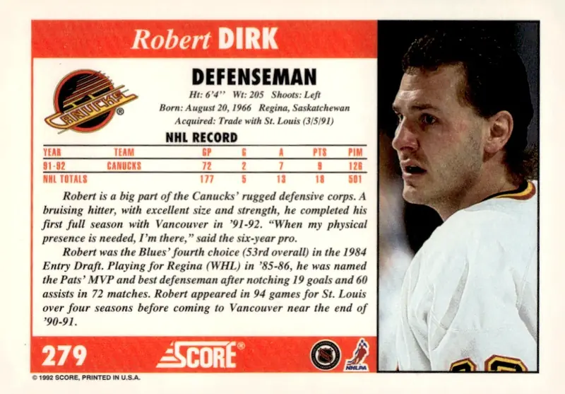 1992-93 Score (U.S./American) #279 Robert Dirk (back)