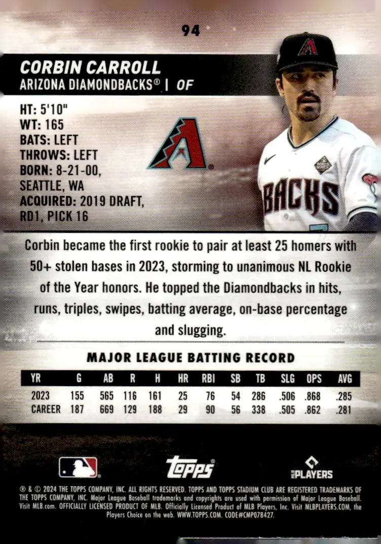 2024 Topps Stadium Club #94 Corbin Carroll (back)