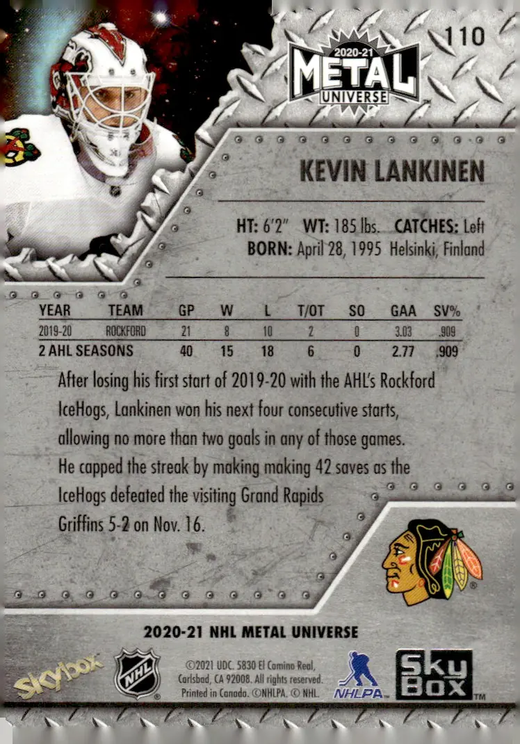 2020-21 SkyBox Metal Universe #110 Kevin Lankinen (back)