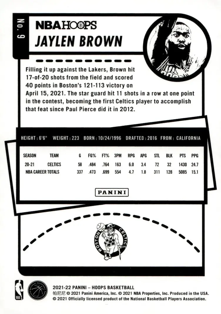 2021-22 NBA Hoops #9 Jaylen Brown (back)