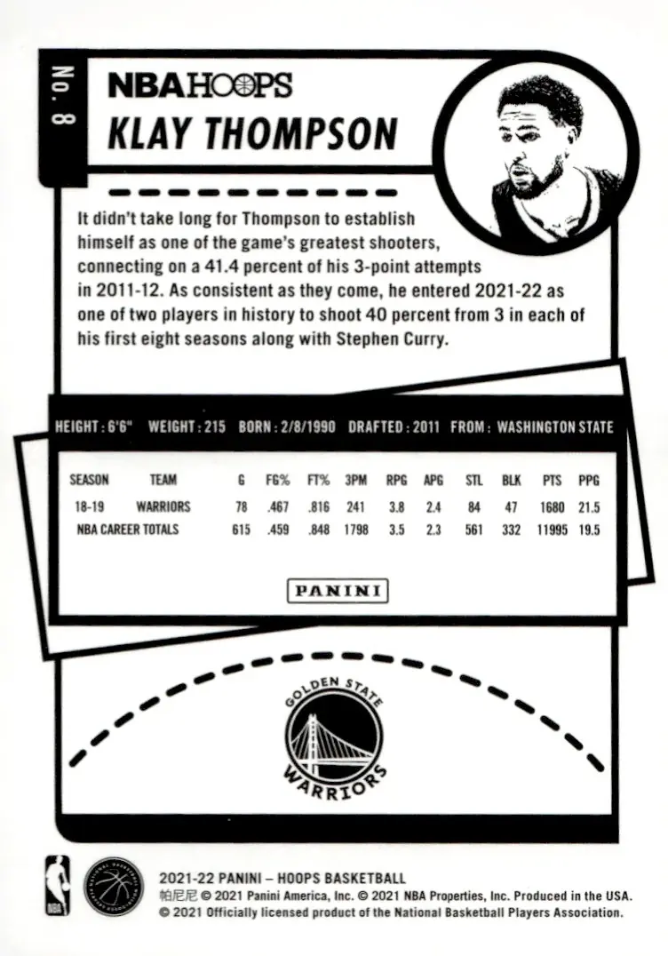 2021-22 NBA Hoops #8 Klay Thompson (back)