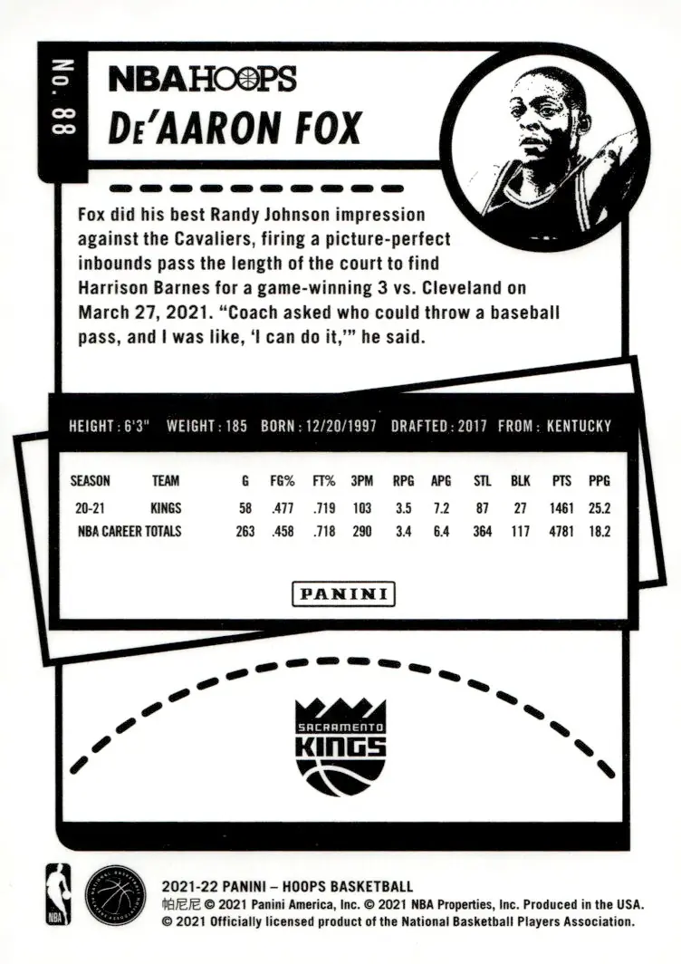 2021-22 NBA Hoops #88 De'Aaron Fox (back)
