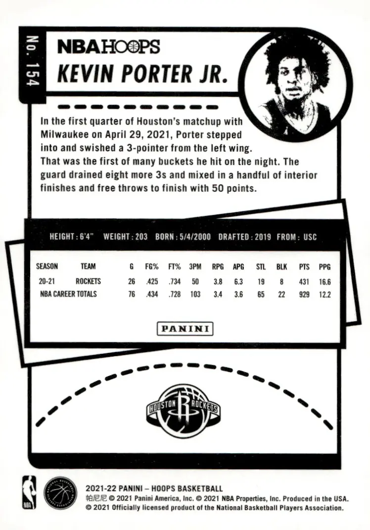 2021-22 NBA Hoops #154 Kevin Porter Jr. (back)