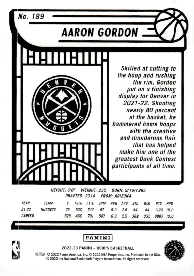 2022-23 NBA Hoops #189 Aaron Gordon (back)