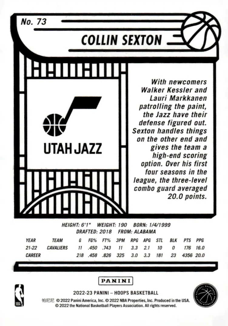 2022-23 NBA Hoops #73 Collin Sexton – Yellow (back)