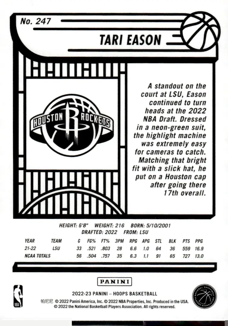 2022-23 NBA Hoops #247 Tari Eason (back)