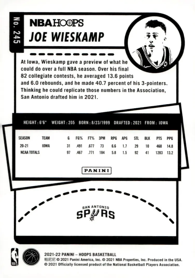 2021-22 NBA Hoops #245 Joe Wieskamp (back)