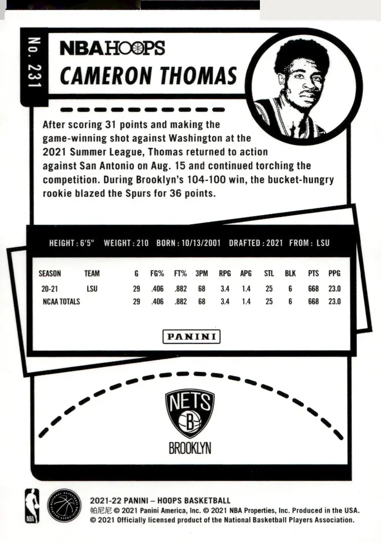 2021-22 NBA Hoops #231 Cameron Thomas (back)