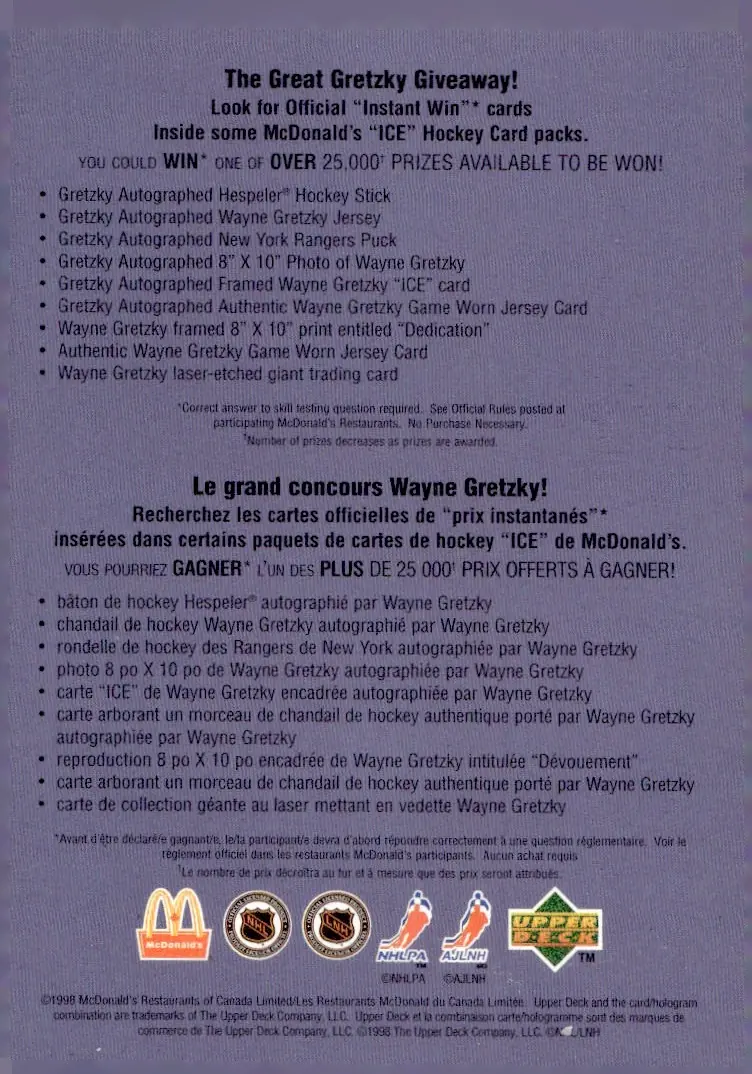 1998-99 Upper Deck Ice McDonald's #CL1 Checklist (back)