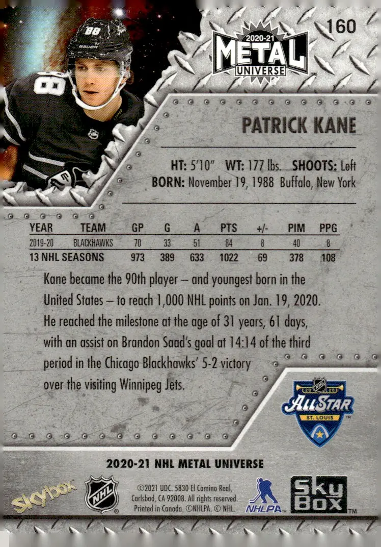 2020-21 SkyBox Metal Universe #160 Patrick Kane (back)