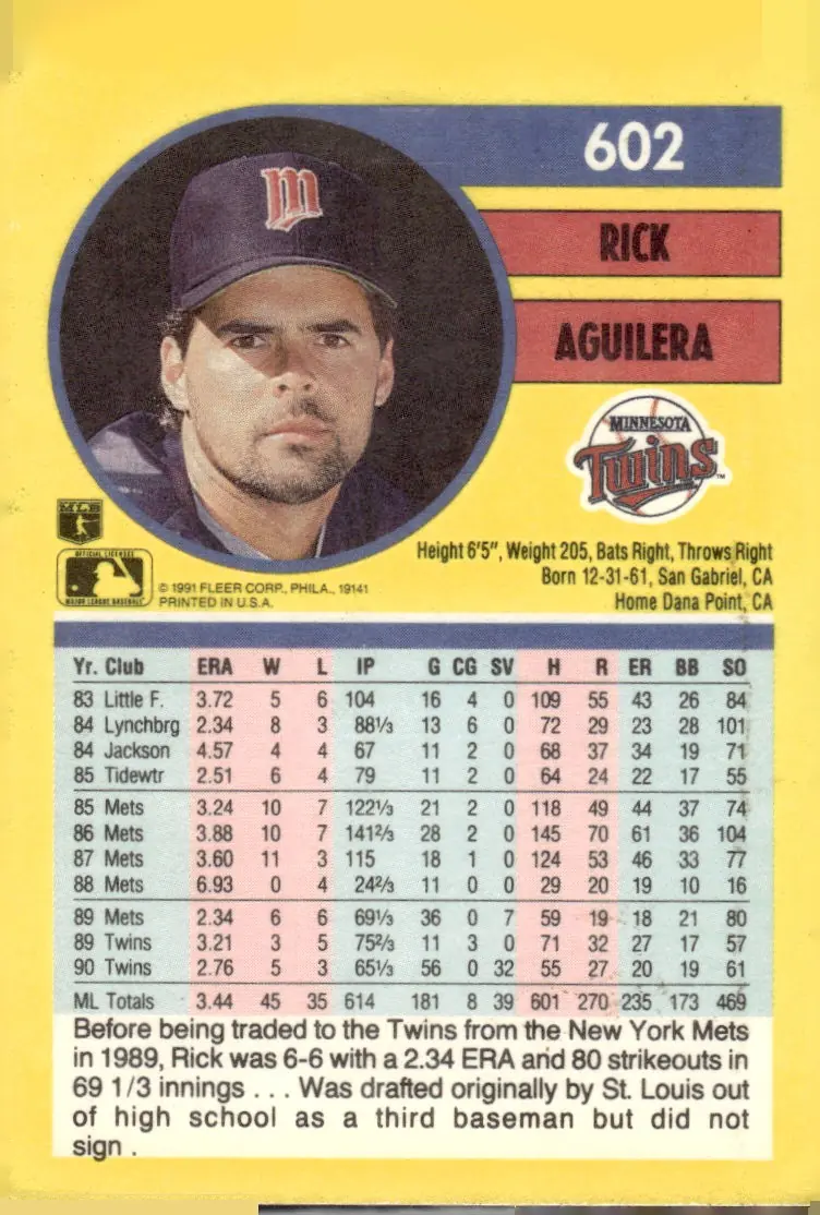 1991 Fleer #602 Rick Aguilera (back)
