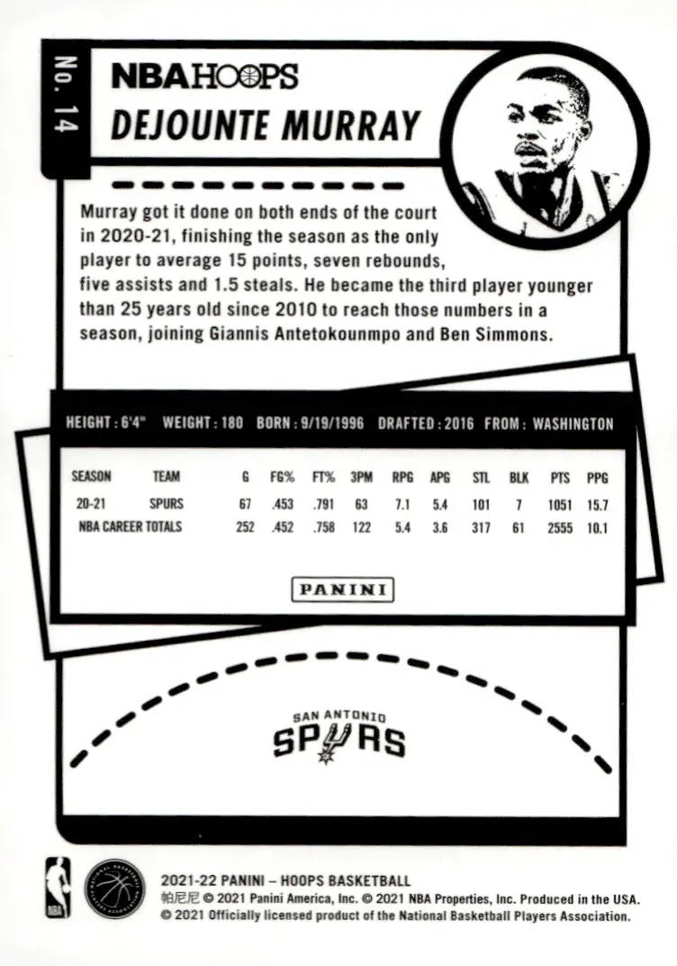 2021-22 NBA Hoops #14 Dejounte Murray (back)