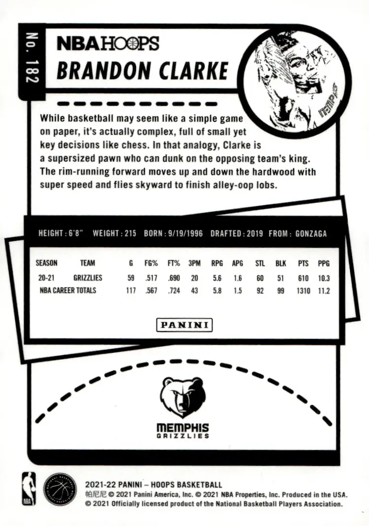 2021-22 NBA Hoops #182 Brandon Clarke (back)