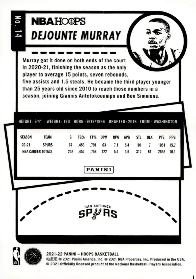 2021-22 NBA Hoops #14 Dejounte Murray (back)