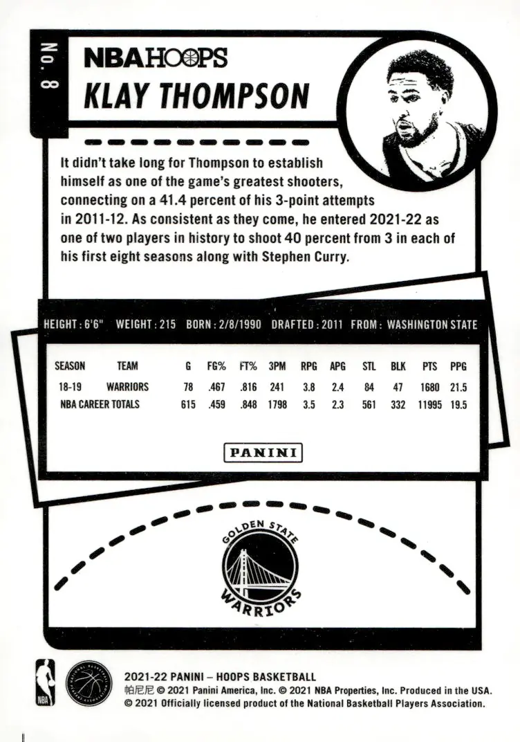 2021-22 NBA Hoops #8 Klay Thompson (back)