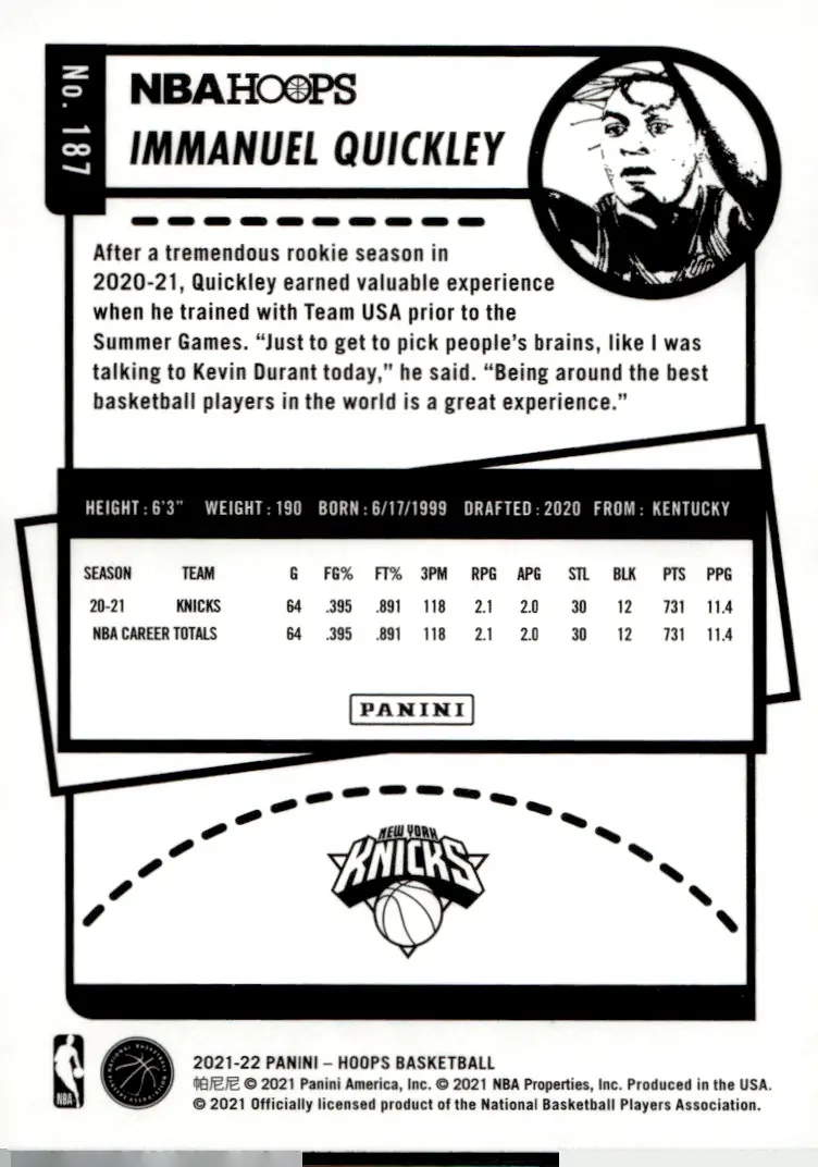 2021-22 NBA Hoops #187 Immanuel Quickley (back)