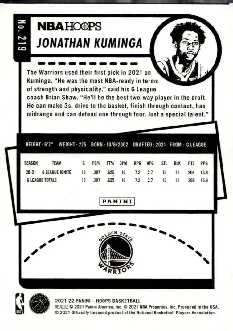 2021-22 NBA Hoops #219 Jonathan Kuminga (back)