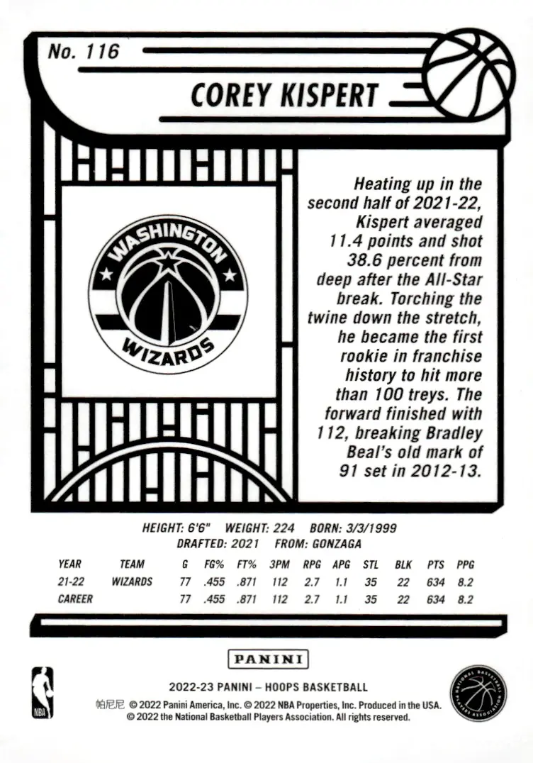 2022-23 NBA Hoops #116 Corey Kispert (back)