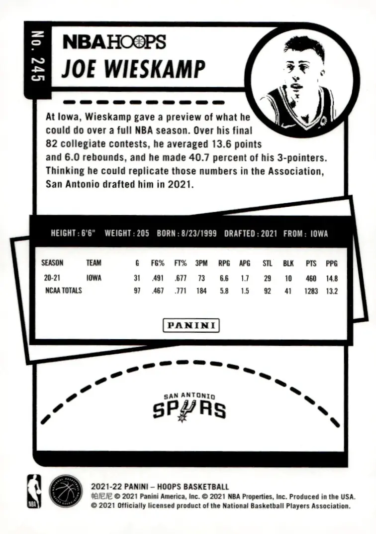 2021-22 NBA Hoops #245 Joe Wieskamp (back)
