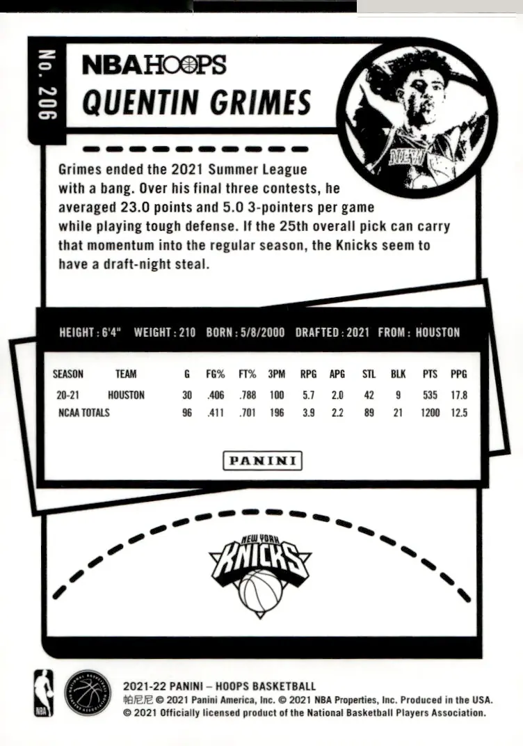 2021-22 NBA Hoops #206 Quentin Grimes (back)