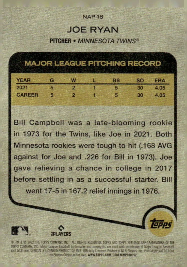 2022 Topps Heritage #NAP-18 Joe Ryan (back)