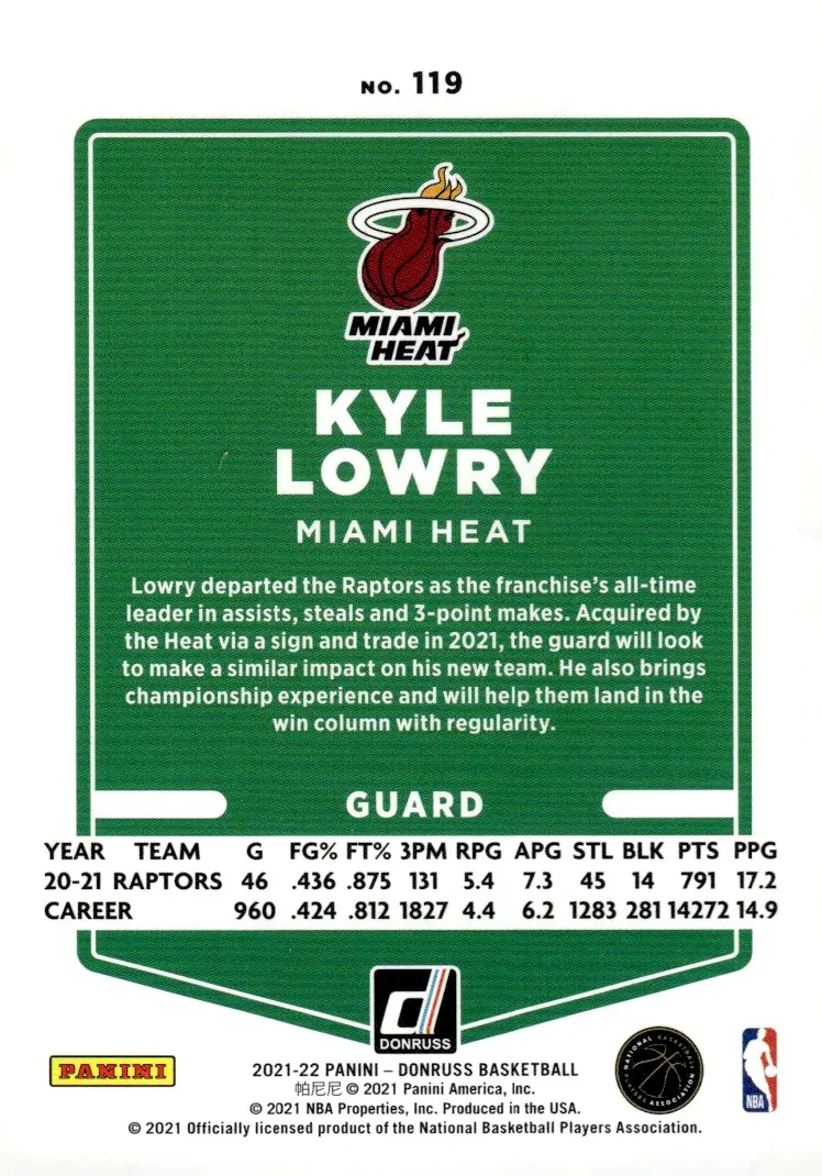2021-22 Donruss #119 Kyle Lowry (back)