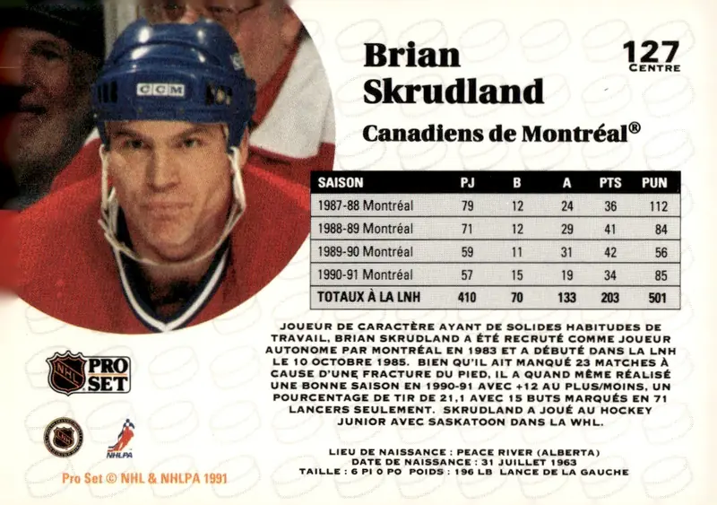 1991-92 Pro Set (French) #127 Brian Skrudland – French-language version (back)