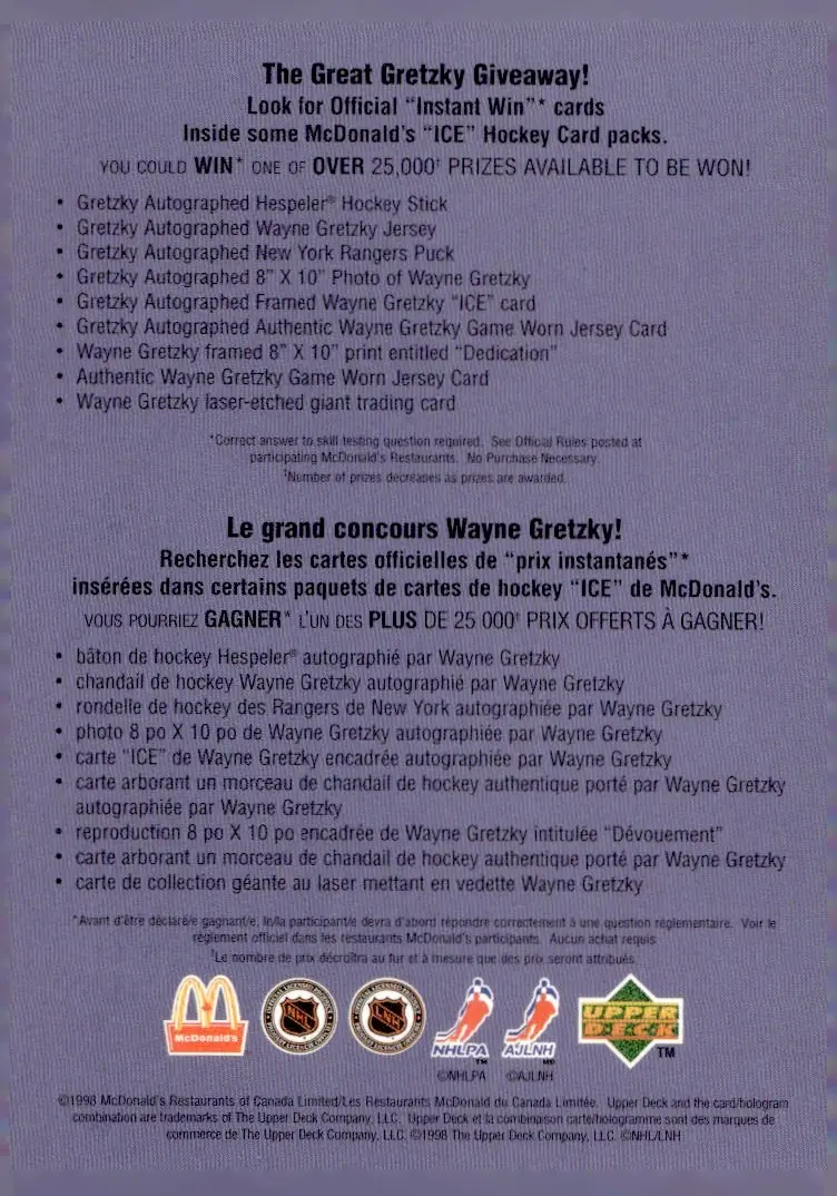 1998-99 Upper Deck McDonald's Ice Checklist (back)