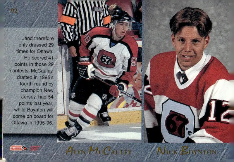 1995 Classic Draft (Hockey Draft '95) #92 Steve Washburn / Shean Donovan / Alyn McCauley / Nick Boynton (back)