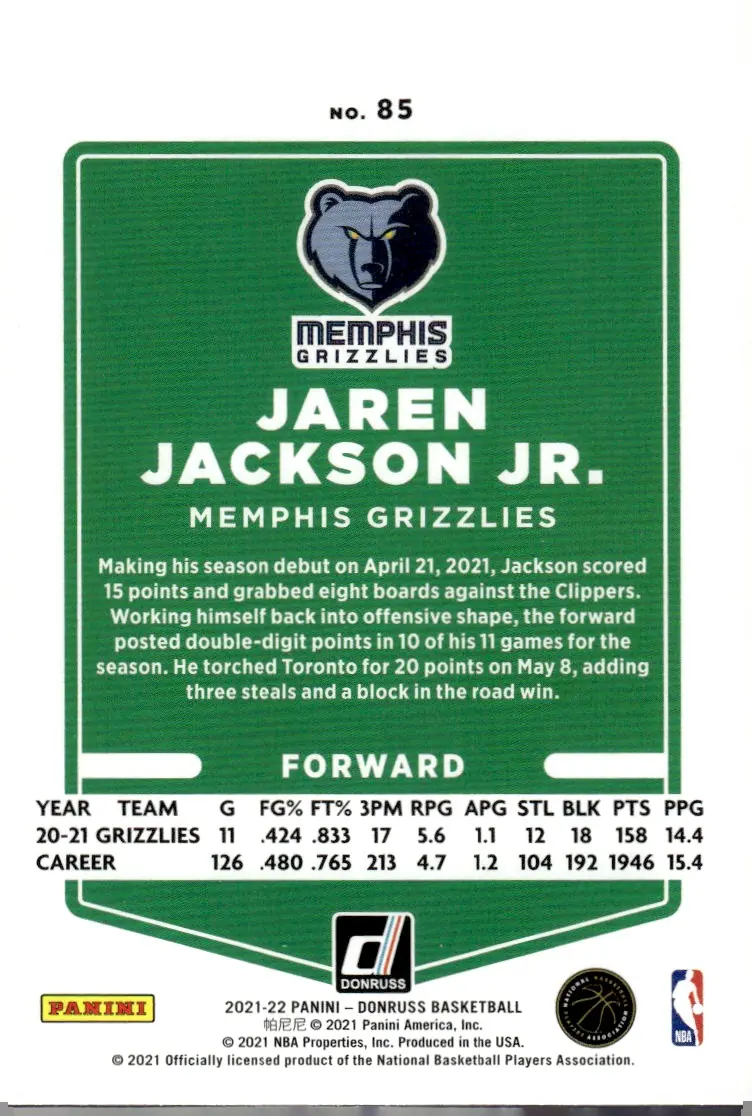 2021-22 Donruss #85 Jaren Jackson Jr. (back)
