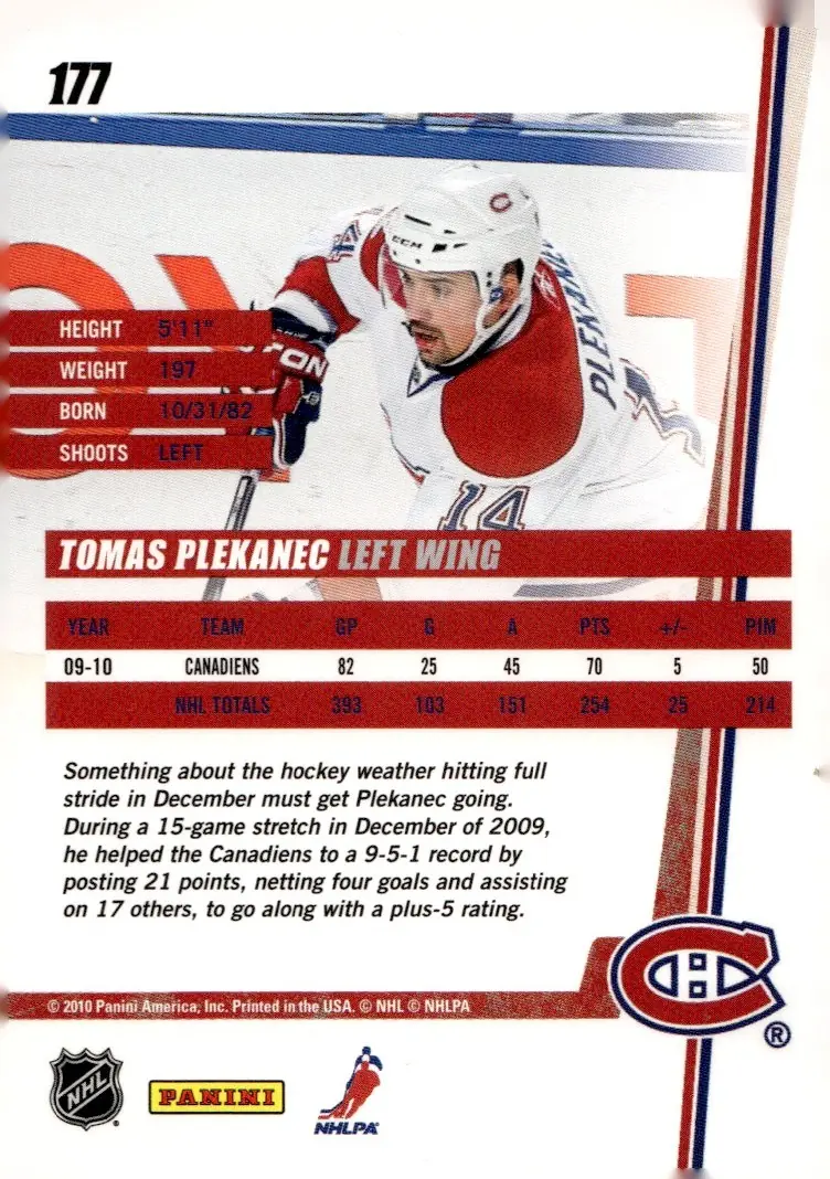 2010-11 Donruss #177 Tomas Plekanec (back)