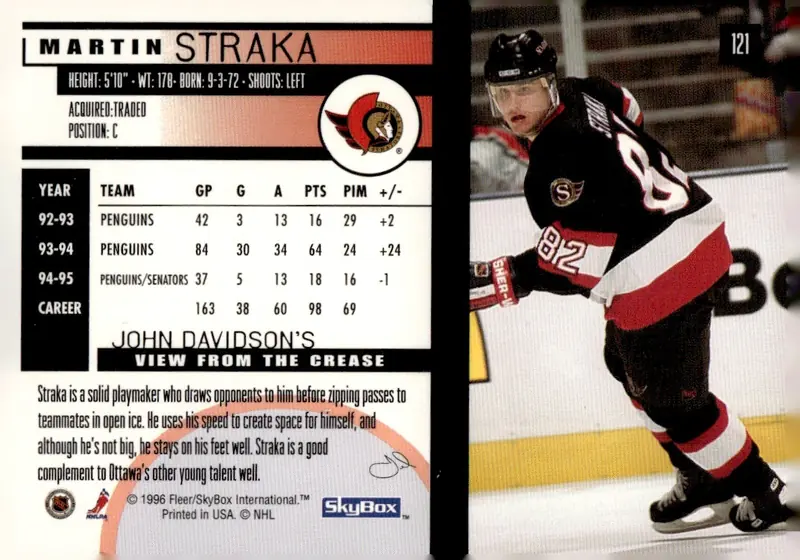 1995-96 SkyBox Impact #121 Martin Straka (back)