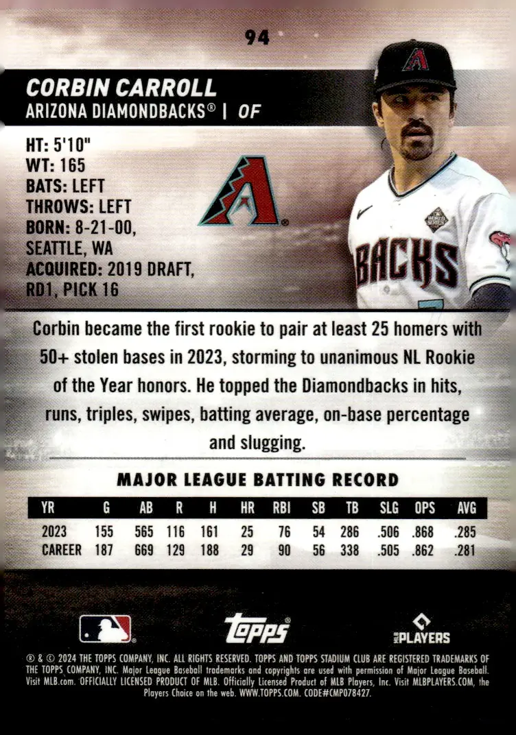 2024 Topps Stadium Club #94 Corbin Carroll (back)