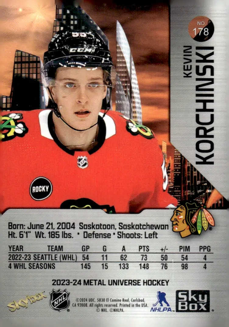 2023-24 Skybox Metal Universe #178 Kevin Korchinski (back)