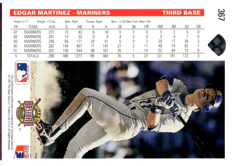 1992 Upper Deck Baseball #367 Edgar Martinez (back)