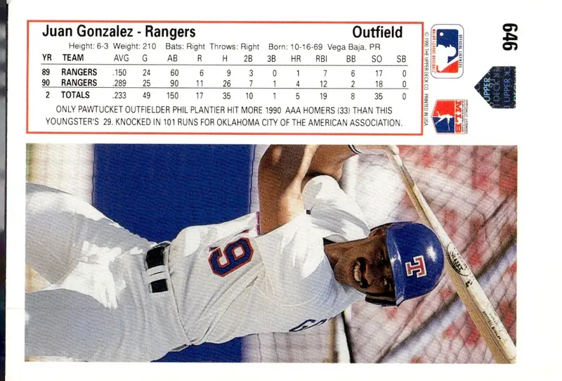 1991 Upper Deck #646 Juan Gonzalez (back)