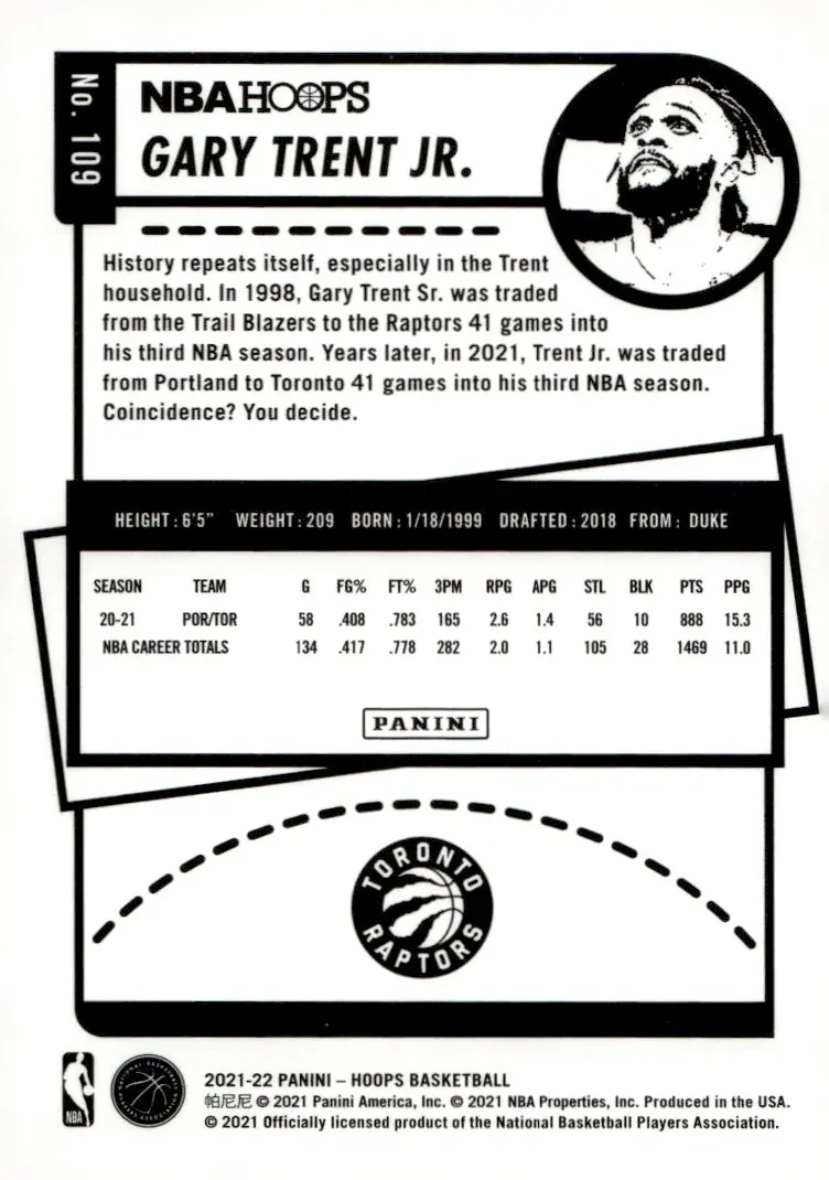 2021-22 NBA Hoops #109 Gary Trent Jr. (back)