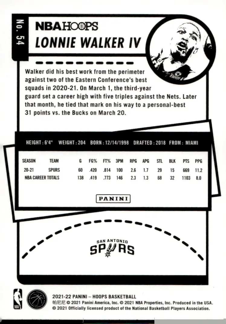 2021-22 NBA Hoops #54 Lonnie Walker IV (back)