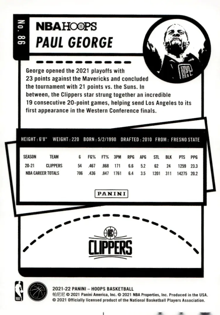 2021-22 NBA Hoops #86 Paul George (back)