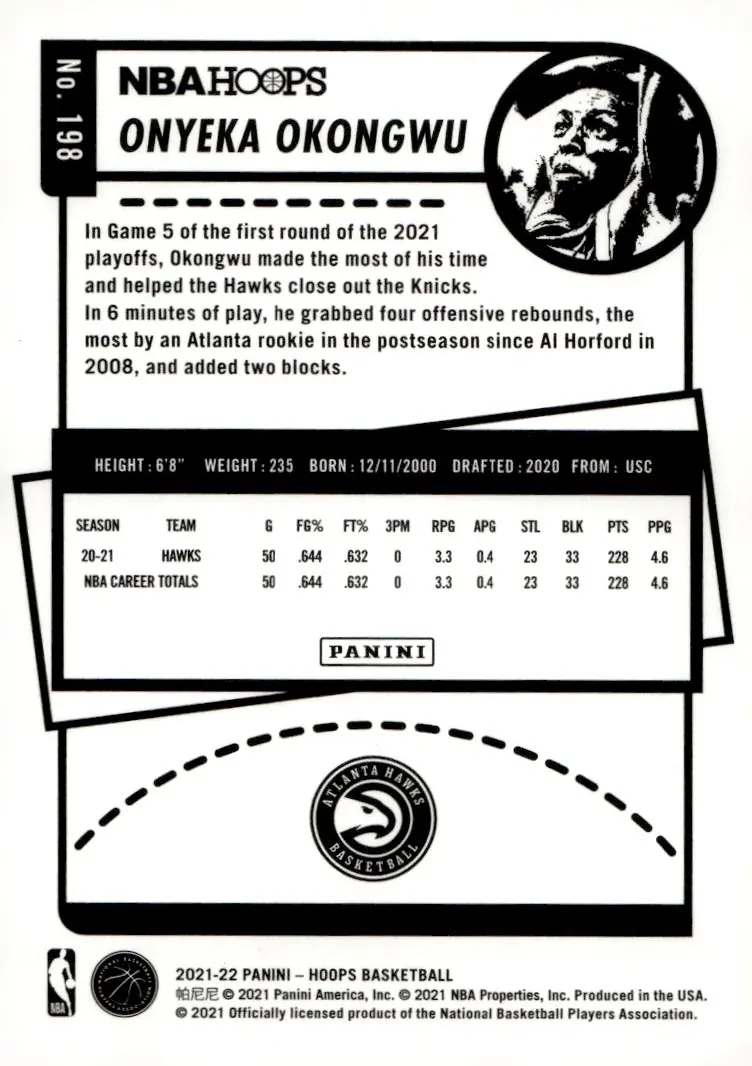 2021-22 NBA Hoops #198 Onyeka Okongwu (back)