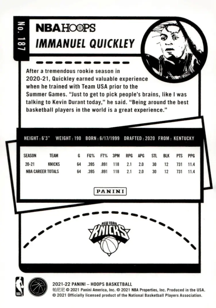 2021-22 NBA Hoops #187 Immanuel Quickley (back)