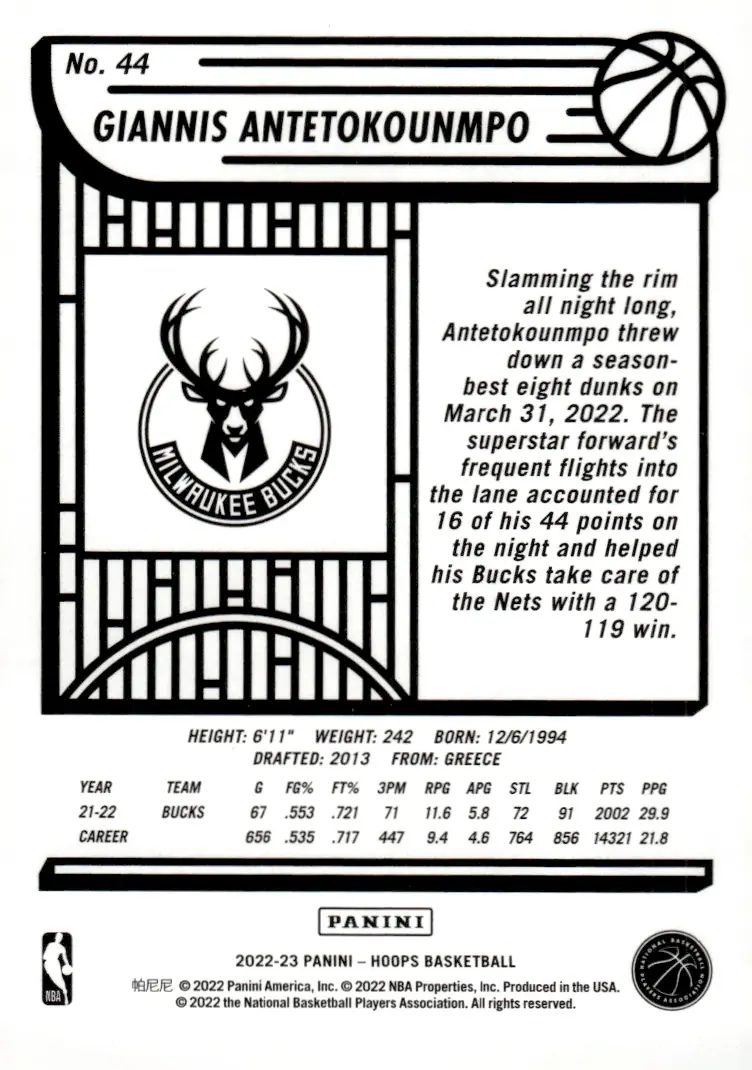 2022-23 NBA Hoops #44 Giannis Antetokounmpo (back)