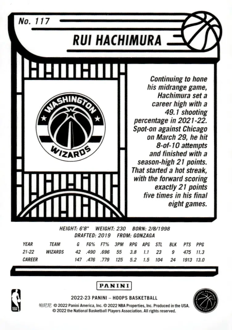 2022-23 NBA Hoops #117 Rui Hachimura (back)
