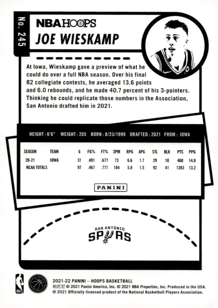 2021-22 NBA Hoops #245 Joe Wieskamp (back)