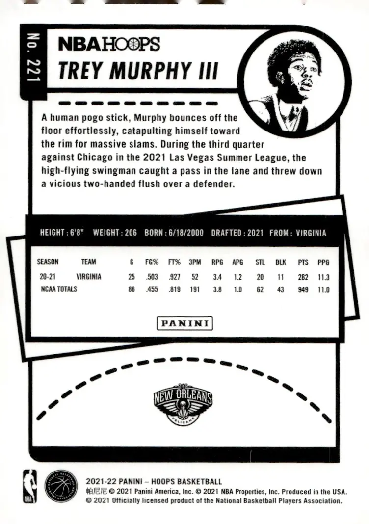 2021-22 NBA Hoops #221 Trey Murphy III (back)