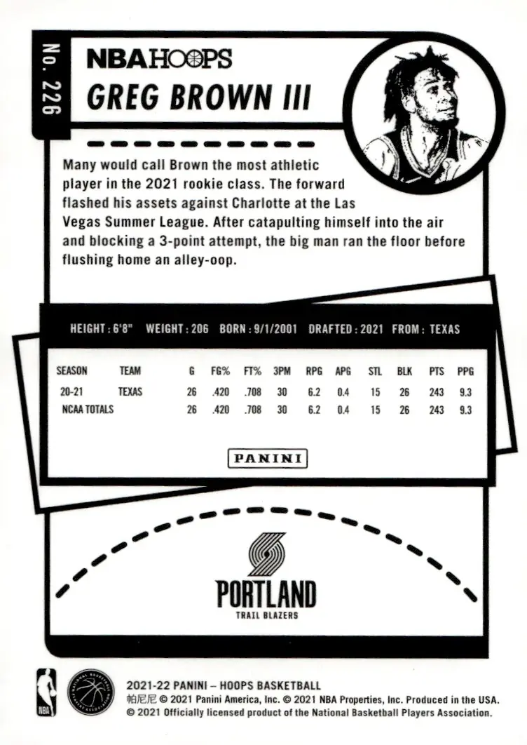 2021-22 NBA Hoops #226 Greg Brown III (back)