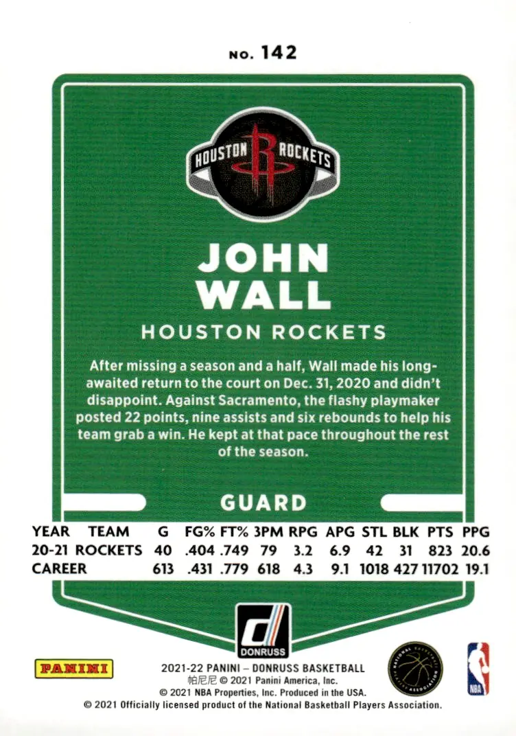 2021-22 Donruss #142 John Wall (back)