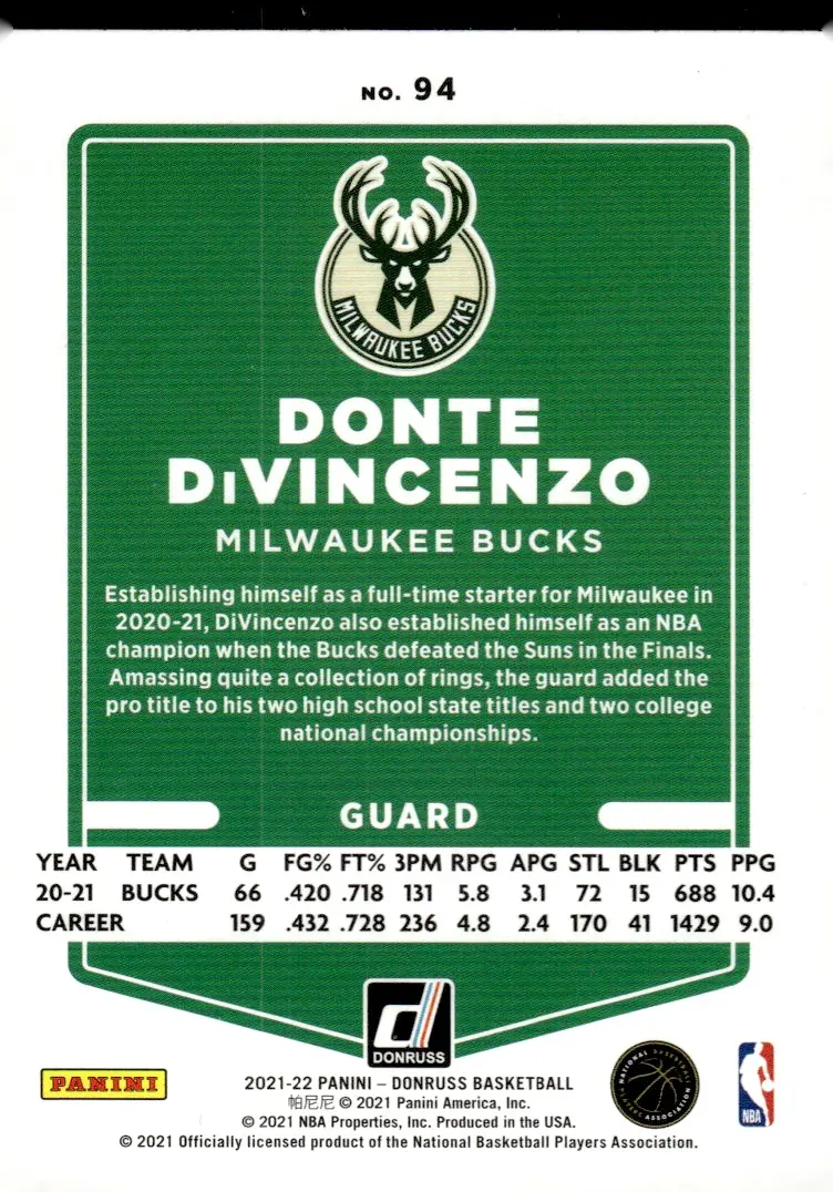 2021-22 Donruss #94 Donte DiVincenzo – Holo Red Laser (back)
